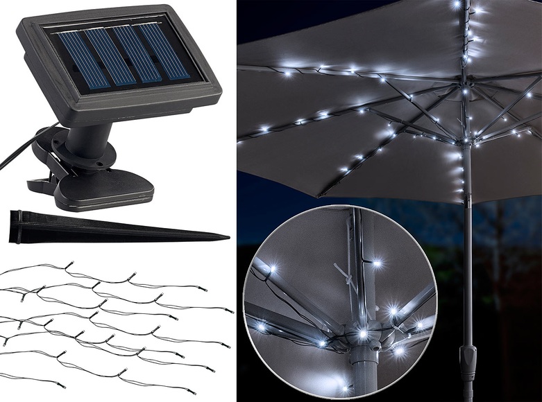 Luminea Solar-LED-Sonnenschirm-Lichterkette mit 8 Strängen und 72 LEDs, IP44