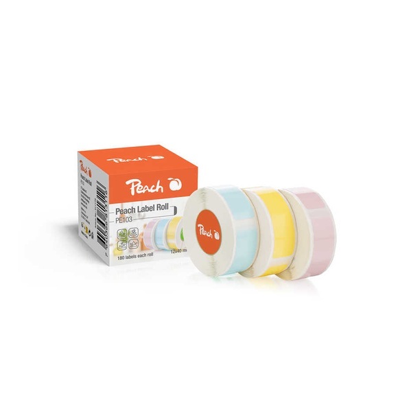 Peach Thermoetikettenband hellblau, hellgelb und pink  12x40mm  180 Etiketten pro Rolle  3 Farben  PE103