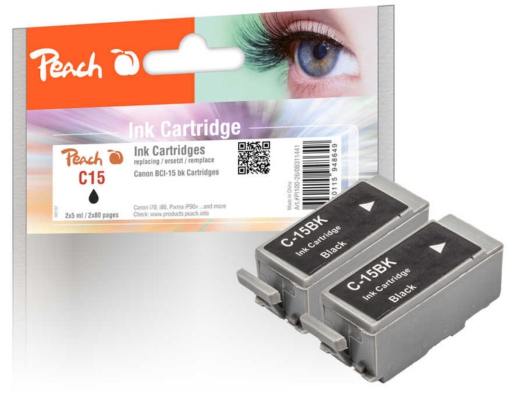 2 Peach Tintenpatronen schwarz kompatibel zu Canon BCI-15 bk