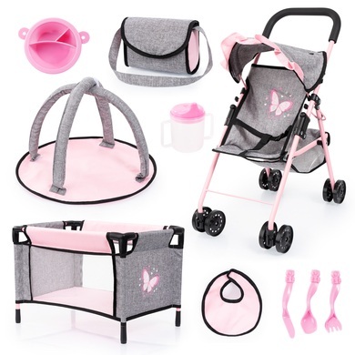 Bayer Puppenbuggy »grau/rosa«, (Set), mit Puppenbett, Wickeltasche, Geschirr, Flasche, Latz und Spielbogen