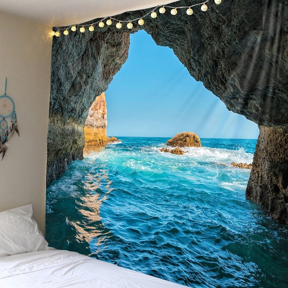 Ozeanwelle Höhle Wandteppich Kunstdekor Decke Vorhang Picknick Tischdecke hängend Zuhause Schlafzimmer Wohnzimmer Wohnheim Dekoration Natur Landschaft Meer Lightinthebox