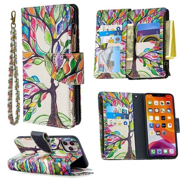 Telefon Hülle Handyhüllen Für Apple Brieftasche Kartenetui iPhone 14 Pro Max 13 12 11 Pro Max Mini X XR XS 8 7 Plus Reisverschluss Ganzkörperschutz mit Handyband Baum PU-Leder Lightinthebox