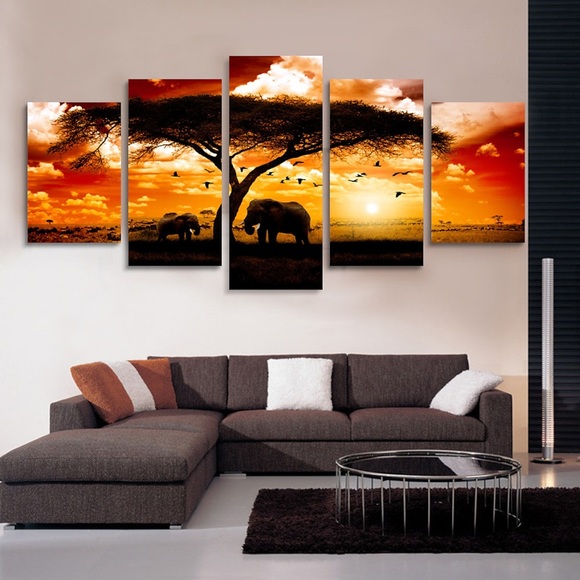 5 Paneele Wandkunst auf Leinwand, Poster, Gemälde, Kunstwerk, Bild, Elefant, Tier, Baum, Sonnenuntergang, Heimdekoration, Dekoration, gerollte Leinwand mit gespanntem Rahmen Lightinthebox