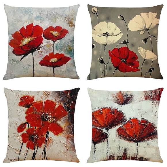 4er Set kunstvolle Blumen quadratische dekorative Dekokissenbezüge Sofakissenbezüge Heimsofa dekorative Kunstleinen Kissenbezug für Sofa Couchbett Stuhl rot Lightinthebox