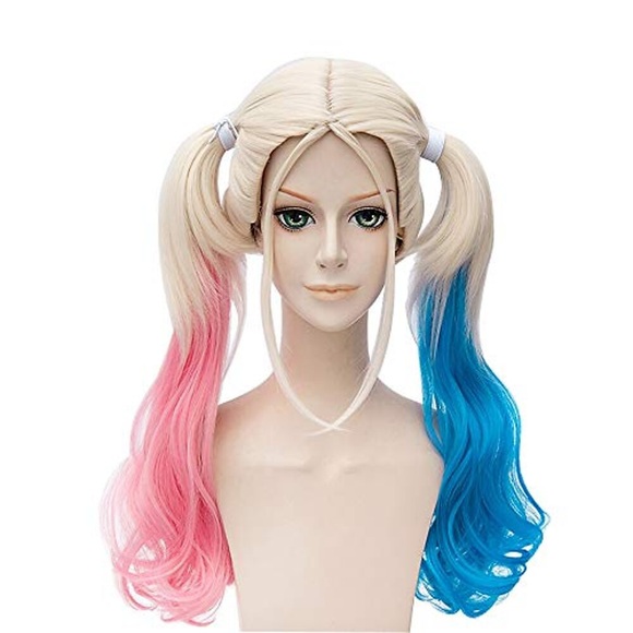 Harley Quinn Frauen lange blonde Perücke mit zwei lockigen Pferdeschwänzen rosa und blau für Harley Quinn Anime Cosplay mehrfarbige Lolita-Haarperücken Lightinthebox