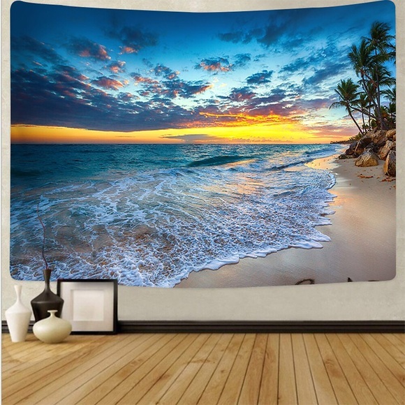 Wandteppich Art Deco Decke Vorhang Picknicktisch Stoff hängen zu Hause Schlafzimmer Wohnzimmer Schlafsaal Dekoration Polyester Faser Strand Serie Kokosnussbaum blau Meer weiße Wolke blau Himmel Wellen Lightinthebox