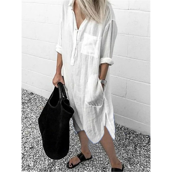 damen hemdkleid midikleid weiß blau grau gelb rot langarm herbst einfarbig geschlitzte tasche patchwork herbst frühling hemdkragen lässig locker 2023 s m l xl xxl 3xl 4xl 5xl / sommer Lightinthebox
