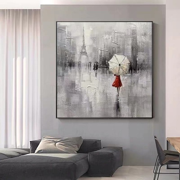 Großes Ölgemälde, 100 % handgefertigt, handgemalte Wandkunst auf Leinwand, Eiffelturm, Frauen halten einen Regenschirm, moderne zeitgenössische Heimdekoration, gerollte Leinwand, kein Rahmen, Lightinthebox