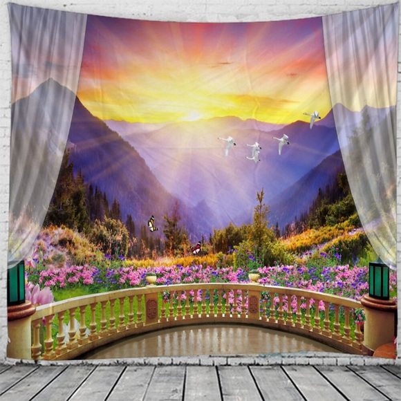 Fenster Landschaft Wandteppich Kunst Dekor Decke Vorhang hängen zu Hause Schlafzimmer Wohnzimmer Dekoration Balkon Blume Vogel Berg Lightinthebox
