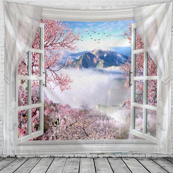 Fenster Landschaft Wandteppich Kunst Dekor Decke Vorhang hängen zu Hause Schlafzimmer Wohnzimmer Dekoration Baumblüte Blume Berg Lightinthebox