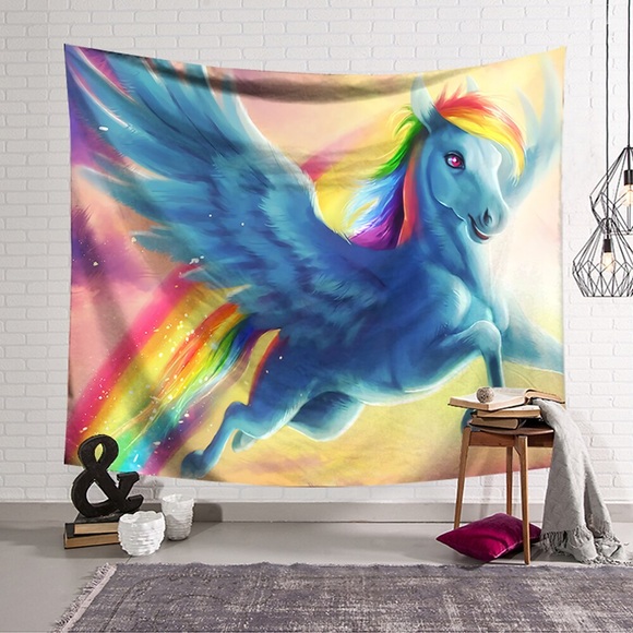 Wandteppich Kunst Dekor Decke Vorhang hängen zu Hause Schlafzimmer Wohnzimmer Dekoration Polyester Regenbogen blau Einhorn fliegen Lightinthebox