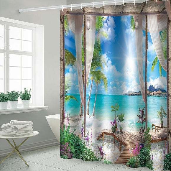 Duschvorhänge mit Haken, rustikale Kokosnussbuchtlandschaft, Polyester-Neuheit, wasserdichter Duschvorhang für Badezimmer Lightinthebox