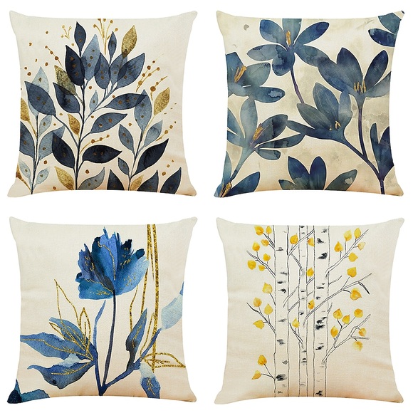 4 Stück Pflanzen-Kissenbezug, gold, blau, blaugrün, weich, dekorativer Kissenbezug, Kissenbezug, Schlafzimmer, hochwertiges, maschinenwaschbares Kissen für Wohnzimmer, Sofa, Couch, Bettstuhl Lightinthebox