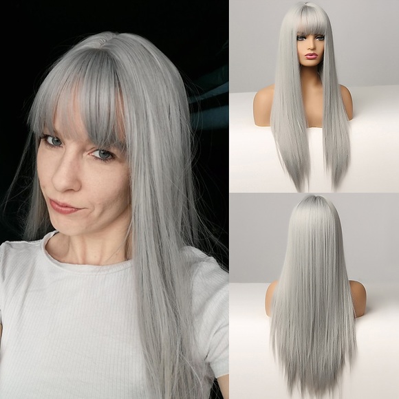 graue perücken für frauen synthetische perücke natürliche gerade ordentliche knallperücke mittlere länge a1 synthetisches haar frauen cosplay party mode silbergrau Lightinthebox