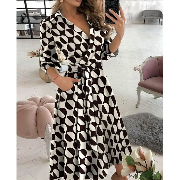 Damen Arbeitskleidung Wickelkleid Formelle Kleidung Midikleid Briefdruck Schmetterlingsdruck Großer Wellenpunkt Langarm Graphic mit Schnürung Winter Herbst Frühling Hemdkragen Modisch winterkleider Lightinthebox