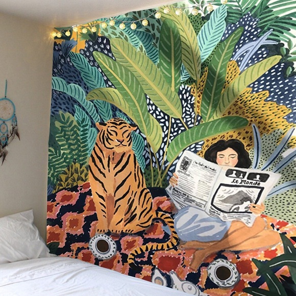 Wandteppich Wandbehang Art Deco Decke Vorhang hängen zu Hause Schlafzimmer Wohnzimmer Dekoration Retro-Stil Frau lesen Zeitung mit Tiger Lightinthebox