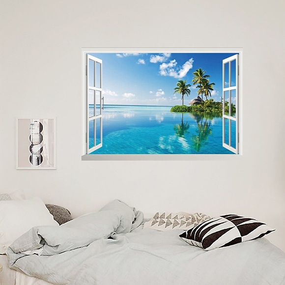 3d falsches fenster kokosnussbaum meerblick nach hause kinderzimmer hintergrunddekoration entfernbar aufkleber wandaufkleber für schlafzimmer wohnzimmer Lightinthebox