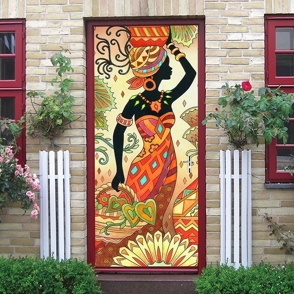 2 stücke selbstklebende kreative afrikanische mädchen türaufkleber für wohnzimmer diy dekoration hause wasserdichte wandaufkleber 30,3 x 78,7 (77x200 cm), 2 stücke set Lightinthebox