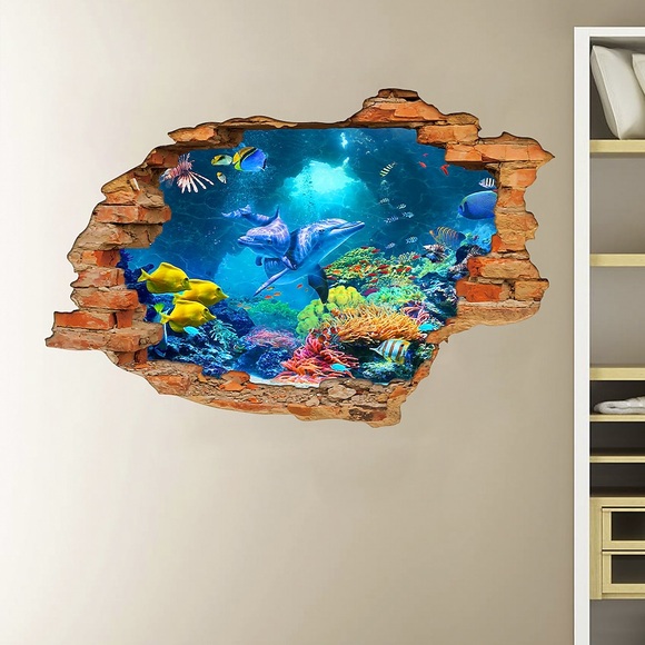 3D gebrochene Wand Unterwasserwelt Delphin Zuhause Kinderzimmer Hintergrunddekoration abnehmbare Aufkleber Wanddekoration Aufkleber für Schlafzimmer Wohnzimmer Lightinthebox