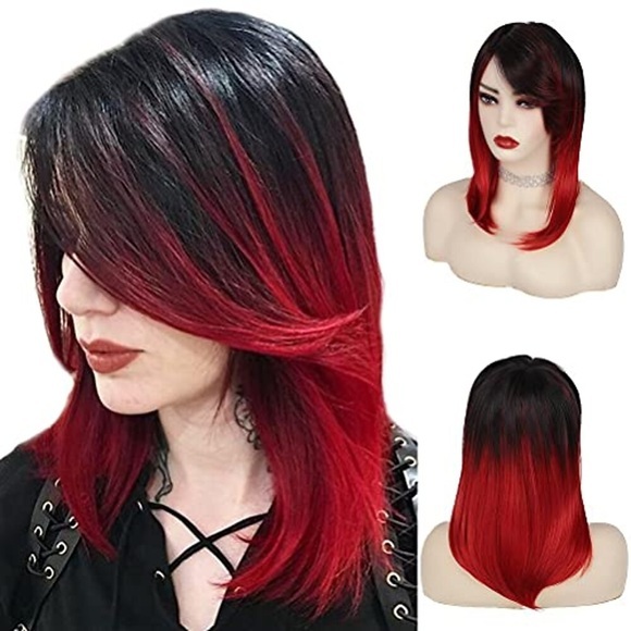 Damen Ombre schwarz rote Perücke mittellang gerade natürlich aussehende Seitenteil synthetische volle Perücken für die tägliche Party Halloween Lightinthebox