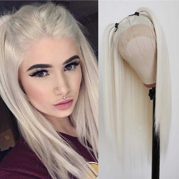 blonde perücken für frauen t spitzeweiße haarfarbe spitzefrontperücke lange glatte haarperücken platinblonde hitzebeständige faserhaare synthetische spitzenfrontperücken für modefrauen Lightinthebox