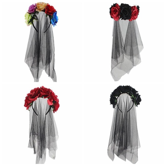halloween rot schwarz haarreifen schöne frau hexe verkleiden rose blume schleier tottag party kopfschnalle haarschmuck Lightinthebox