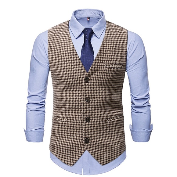 Herren Weste warm halten Hochzeit Arbeit Geschäft Einreihiger Verschluss V Ausschnitt Geschäftlich Casual Smart Casual Jacke Oberbekleidung Farbblock Hahnentrittmuster Patchwork Tasche Kaffee Grau Lightinthebox