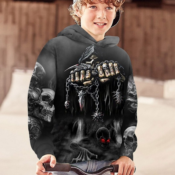 Kinder Jungen Halloween Kapuzenshirt Langarm 3D-Druck Totenkopf Motiv Tasche Schwarz Grau Fuchsie Kinder Oberteile Herbst Aktiv Outdoor Halloween Regular Fit 4-12 Jahre Lightinthebox