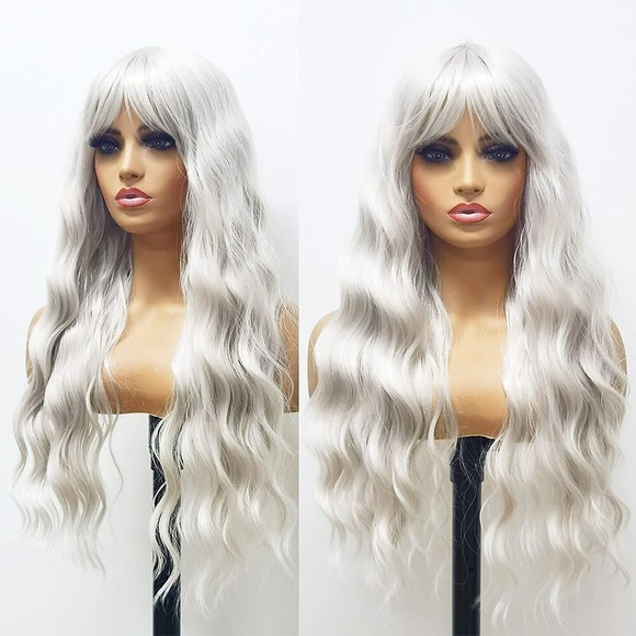 platinblonde natürliche gewellte Perücke mit Pony platinblonde Perückenweißblonde Vollperücken synthetische lange gewellte Vollperücken lockere lockige Perücke 24 Zoll bunte Perücken für Frauen Lightinthebox