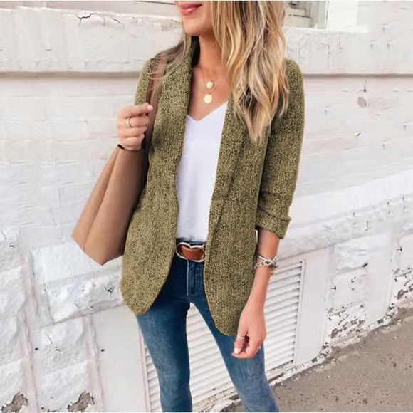 Damen Blazer Formal B¨¹ro Tragen Sie, um zu arbeiten Tasche Strickjacke Umlegekragen OL-Stil Modern Feste Farbe Regular Fit Oberbekleidung 3/4 Ärmel Winter Herbst Grün Schwarz Khaki S M L XL XXL 3XL Lightinthebox