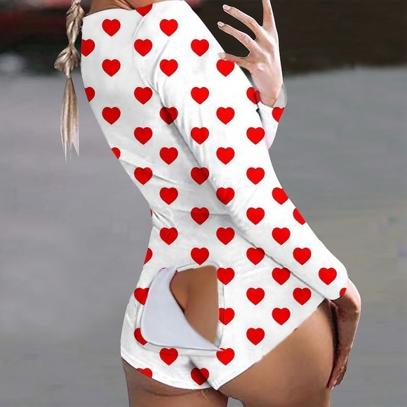 Damen Übergröße Pyjamas Onesies Overalls Nächtlich 1 pc Herz Geometrisch Einfach Modisch Komfort Heim Bett Bambus Warm Geschenk V-Wire Ausschnitt Langarm Loch Bedruckt Herbst Frühling Weiß Schwarz Lightinthebox