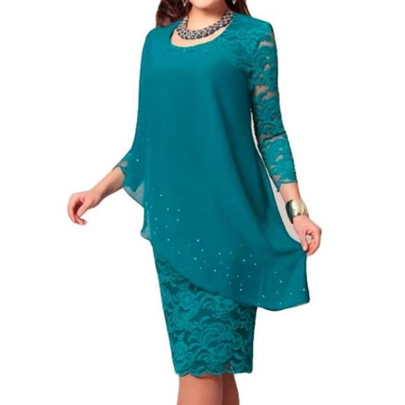 Damen Übergröße Arbeitskleidung Feste Farbe Rundhalsausschnitt Spitze 3/4 Ärmel Winter Herbst Elegant Midikleid Arbeit Täglich Kleid Lightinthebox