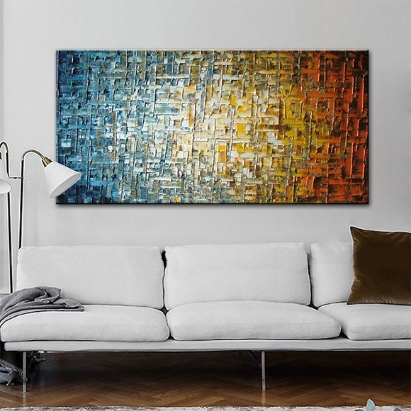 Ölgemälde 100% Handarbeit handgemalte Wandkunst auf Leinwand buntes quadratisches Gitter horizontal abstrakt modern Heimdekoration Dekor gerollte Leinwand ohne Rahmen ungedehnt Lightinthebox