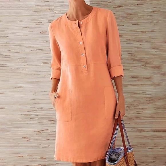 damen Etuikleid knielanges Kleid grau khaki orange dunkelgrau rot hellblau 3/4-Ärmel reine Farbe Tasche Knopf Herbst Winter Rundhalsausschnitt Basic Freizeit modern Loose 2023 S M L XL XXL 3XL 4XL Lightinthebox