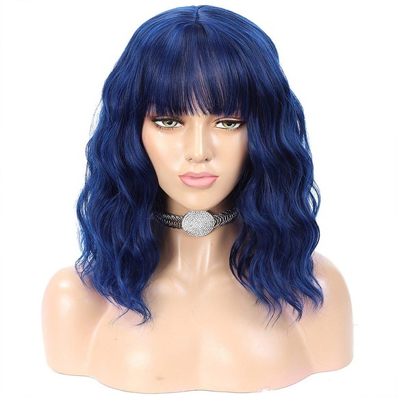 blaue perücken für frauen blaue marineblaue perücke damen natürliche lockige haare kurzwellige perücke mit luftknall hitzebeständiges synthetisches party cosplay groß 14inch (ca. 35cm) Lightinthebox