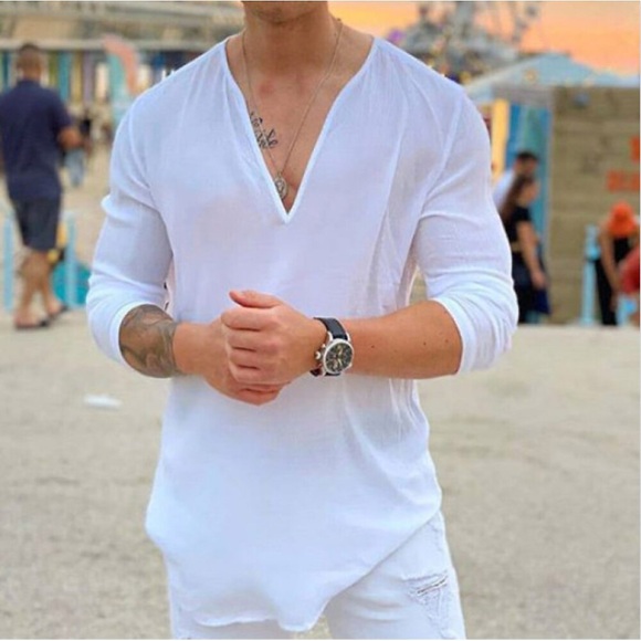 Herren Hemd T Shirt Tee Lässiges Hemd V Ausschnitt Sommer Langarm Schwarz Weiß Feste Farbe Outdoor Strasse Bekleidung Lightinthebox