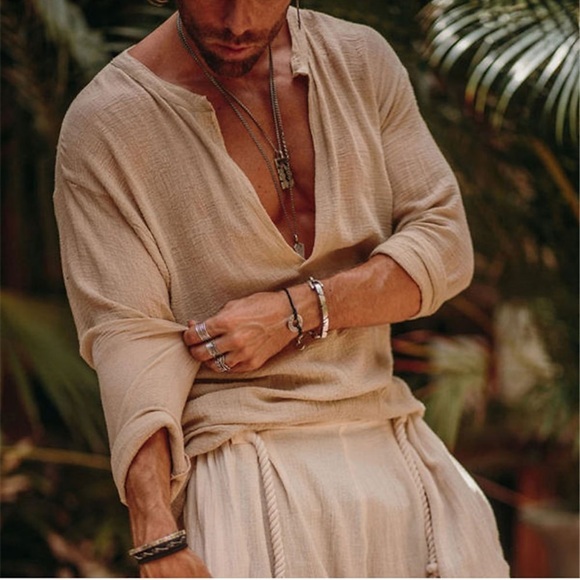 Herren Hemd leinenhemd Feste Farbe V Ausschnitt Beige Outdoor Strasse Langarm Bekleidung Modisch Casual Atmungsaktiv Komfortabel / Sommer / Frühling / Sommer Lightinthebox