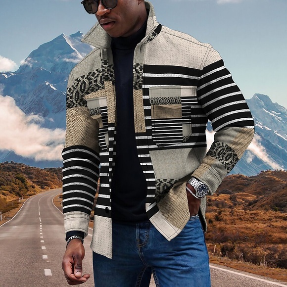 Herren Flanelljacke Flanell Hemden Hemd Kragenhemd Hemdjacke Gestreift Umlegekragen Beige 3D-Druck Outdoor Strasse Langarm Tasche Bedruckt Bekleidung Strassenmode Sport Casual Lightinthebox
