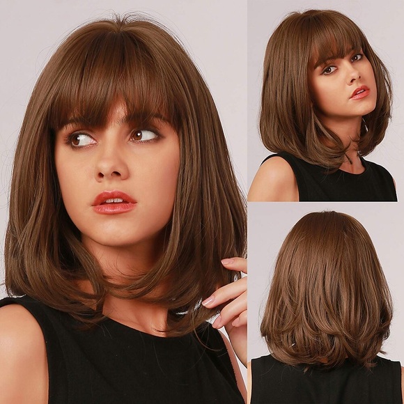 Braune Bob-Perücke mit Pony Synthetische Perücken für Damen Mittlere Länge Gerade Perücken Natürlich aussehende Perücken 12 Zoll Lightinthebox