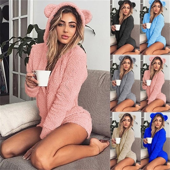 Damen Übergröße Warm Geschenk Pyjamas Onesies Overalls Heim Party Valentinstag Einfarbig Vlies Plüsch Einfach Weich Herbst Winter Frühling Kapuzenpullover Langarm Kurze Hose Reißverschluß Lightinthebox