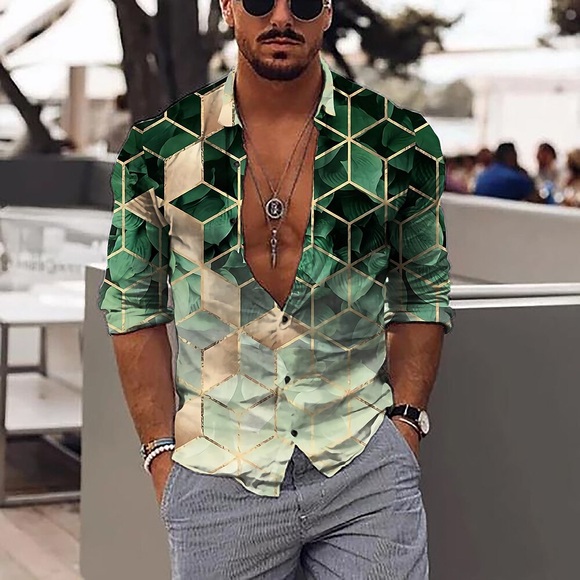 Herren Hemd Grafik-Shirt Geometrie Ständer Grün 3D-Druck Outdoor Casual Langarm 3D-Druck Button-Down Bekleidung Modisch Designer Casual Komfortabel / Sport Lightinthebox