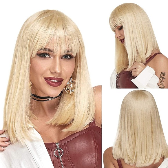 blonde Perücken mit Pony 14 Zoll blonde kurze gewellte Perücke mit Pony kurzes glattes Haar Platin 613 blonde Perücke blonde Damenperücke aus Synthetik für den Alltag Party Lightinthebox