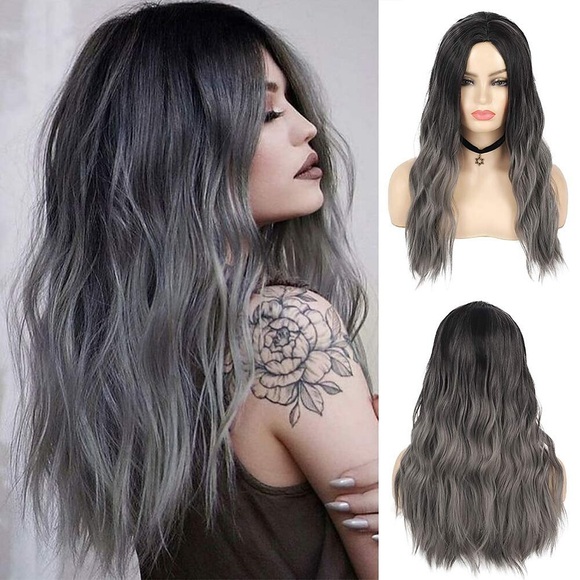 Graue Perücken Damen Ombre graue Perücke lange lockige gewellte schwarze graue Mittelteil synthetische Perücke Halloween Cosplay Kostüm Perücke Lightinthebox