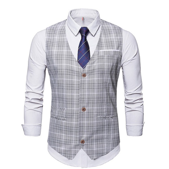 Herren Weste Leicht Hochzeit Party / Abend Einreiher - 1 Knopf V Ausschnitt Geschäftlich Casual Smart Casual Jacke Oberbekleidung Plaid / Karomuster Tasche Braun Grau Lightinthebox