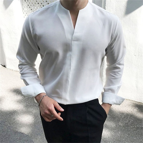 Herren Hemd Sommerhemd Glatt V Ausschnitt Weiß Outdoor Strasse Langarm Bekleidung Modisch Casual Atmungsaktiv Komfortabel Lightinthebox