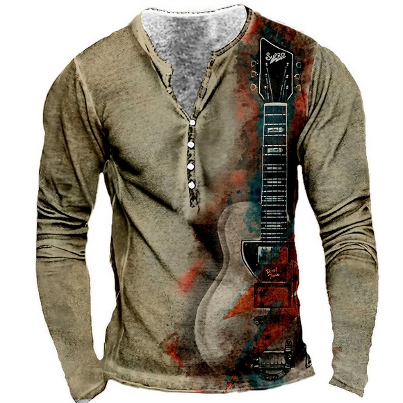 Herren T Shirt Henley Shirt Tee Graphic Gitarre Henley Gelb Khaki 3D-Druck Übergröße Outdoor Täglich Langarm Button-Down Bedruckt Bekleidung Basic Designer Casual Klassisch / Sport Lightinthebox