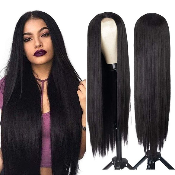 natürliches langes glattes Haar schwarze Perücke Frauen glattes Haar Mittelteil Haarprodukte Perücken Mittelteil synthetische lange schwarze volle Perücken geeignet für den täglichen Gebrauch Lightinthebox