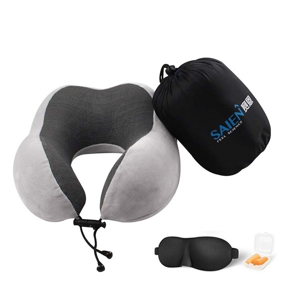 Reise-Nackenkissen für Flugzeuge zum Schlafen 100% Memory Foam Reisekissen mit Aufbewahrungstasche Schlafmaske und Ohrstöpsel verhindern, dass der Kopf nach vorne fällt (grau) Lightinthebox