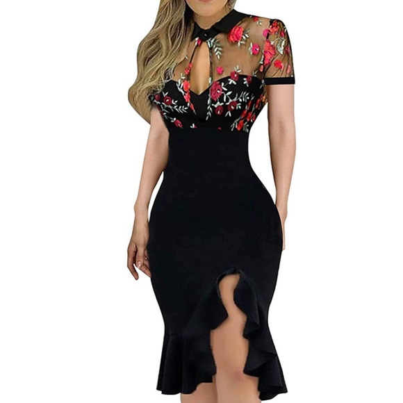 Damen Etuikleid Midikleid Schwarz Rote Kurzarm Blumen Rüsche Frühling Sommer Rundhalsausschnitt Wochenende Schlank 2022 S M L XL XXL Lightinthebox