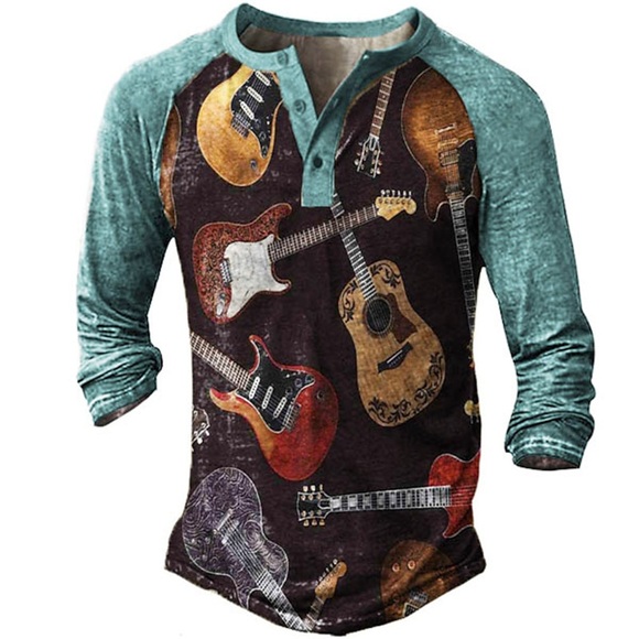 Herren Henley Shirt T Shirt Raglan-T-Shirt Graphic Farbblock Gitarre Henley Blau 3D-Druck Strasse Casual Langarm Button-Down Bedruckt Bekleidung Basic Modisch Klassisch Komfortabel Lightinthebox